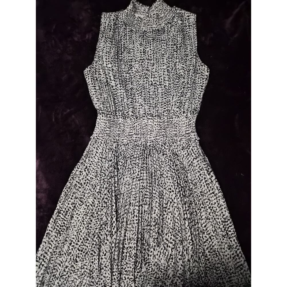 Size 14 Nanette Lepore Animal Print Pleated Black & White Dress Smocked HighNeck